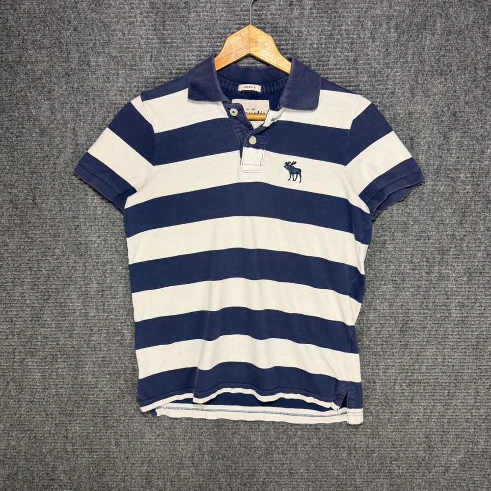Abercrombie Kids Muscle Fit Polo Shirt Navy Blue White Striped XL Short Sleeve